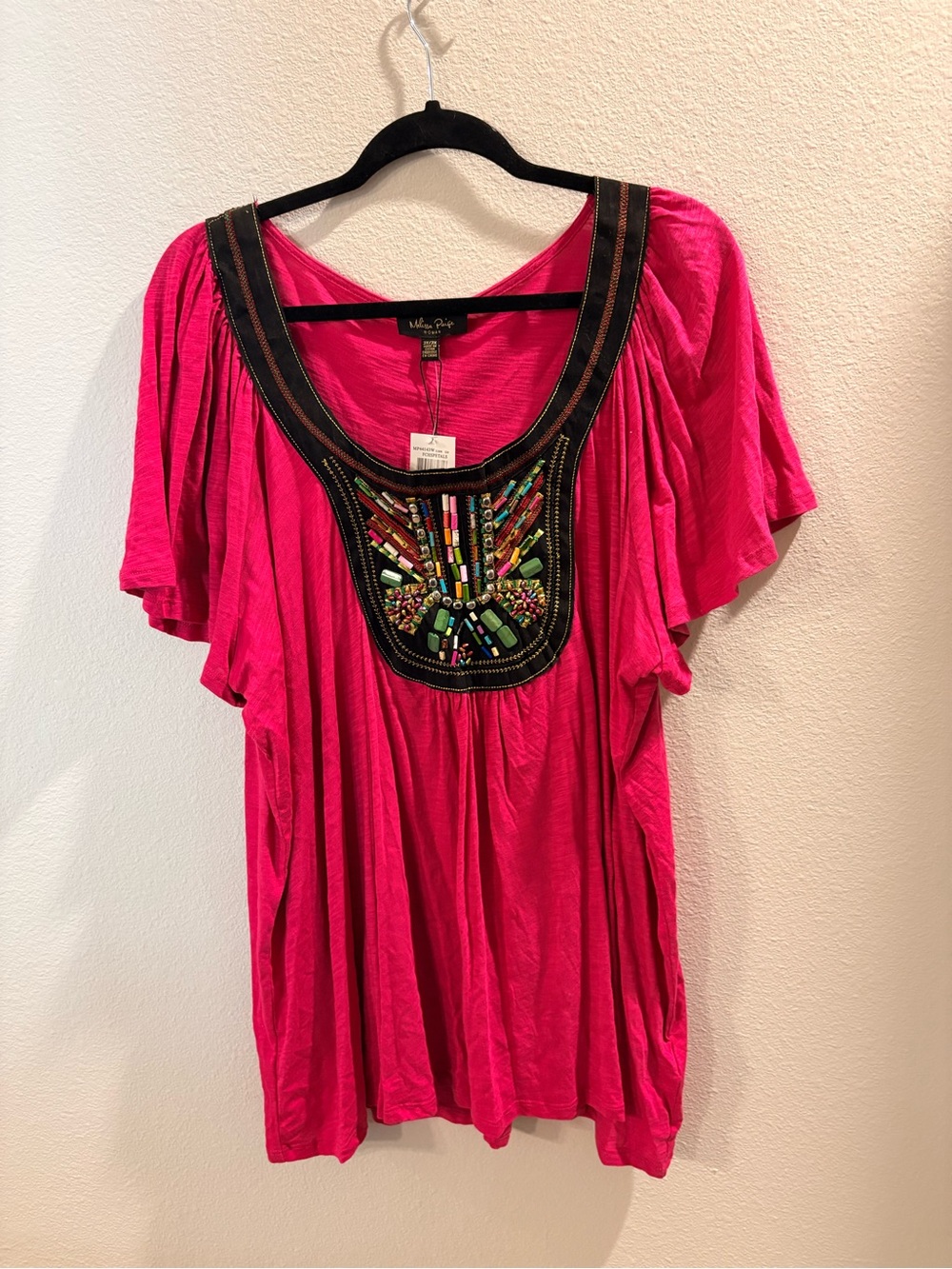 Melissa Paige Hot Pink Short Sleeve Tee with Beaded Yoke